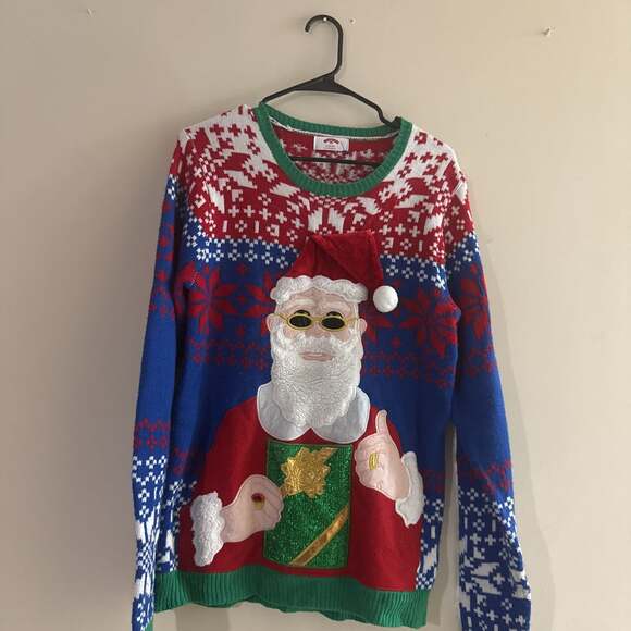 Ugly Christmas Sweater Other - Ugly Christmas Sweater Santa with Shades & Gift Holiday Pullover S/M M-L S/M